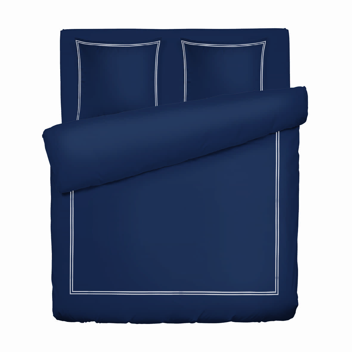 Housse de couette + 2 taies d'oreiller satin de coton - Biarritz Blanc / Bleu fonce - 260 x 240 cm + 2 x (63 x 63 cm)