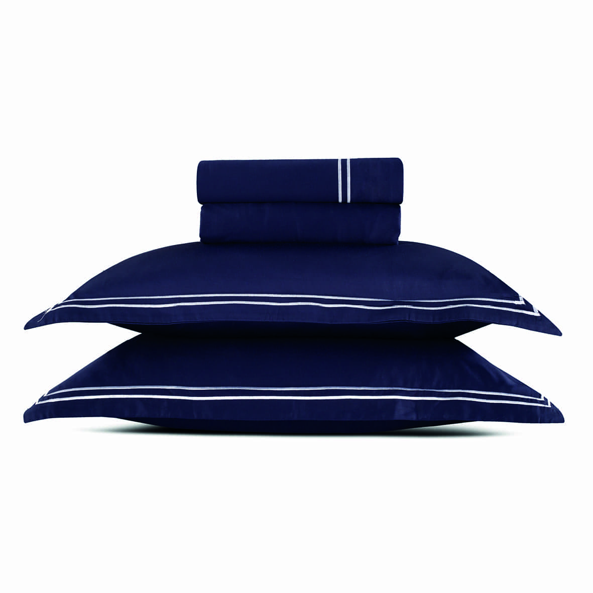 Ensemble de draps satin de coton - Biarritz Blanc / Bleu fonce - 230 x 290 cm + 180 x 200 x 30 cm + 2 x (50 x 80 cm)