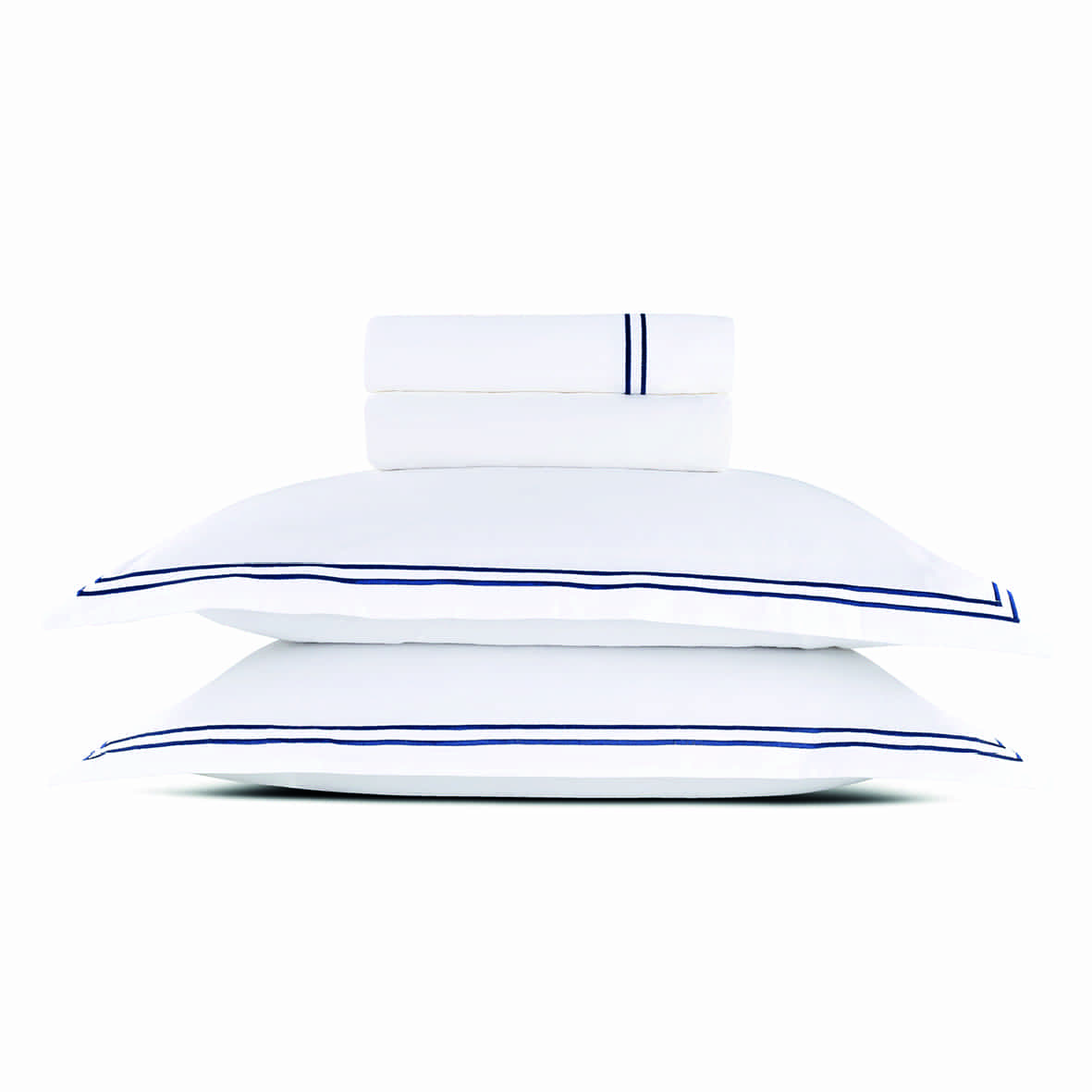 Ensemble de draps satin de coton - Biarritz Bleu fonce / Blanc - 230 x 290 cm + 180 x 200 x 30 cm + 2 x (50 x 80 cm)