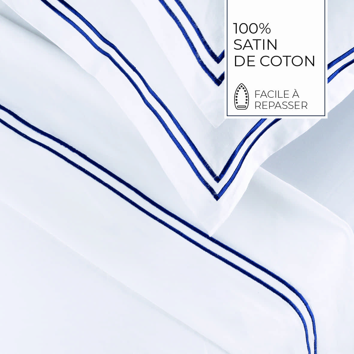 Ensemble de draps satin de coton - Biarritz Bleu fonce / Blanc - 230 x 270 cm + 150 x 200 x 30 cm + 2 x (50 x 80 cm) – Image 4