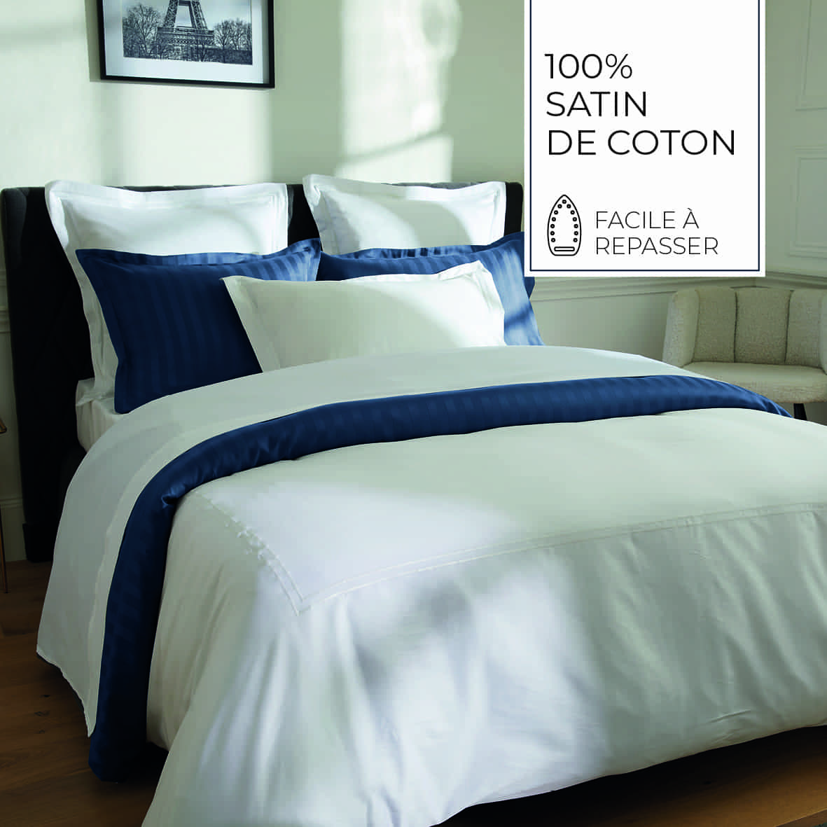 Housse de couette + taie d'oreiller satin de coton - Biarritz Blanc / Blanc - 140 x 200 cm + 63 x 63 cm – Image 4