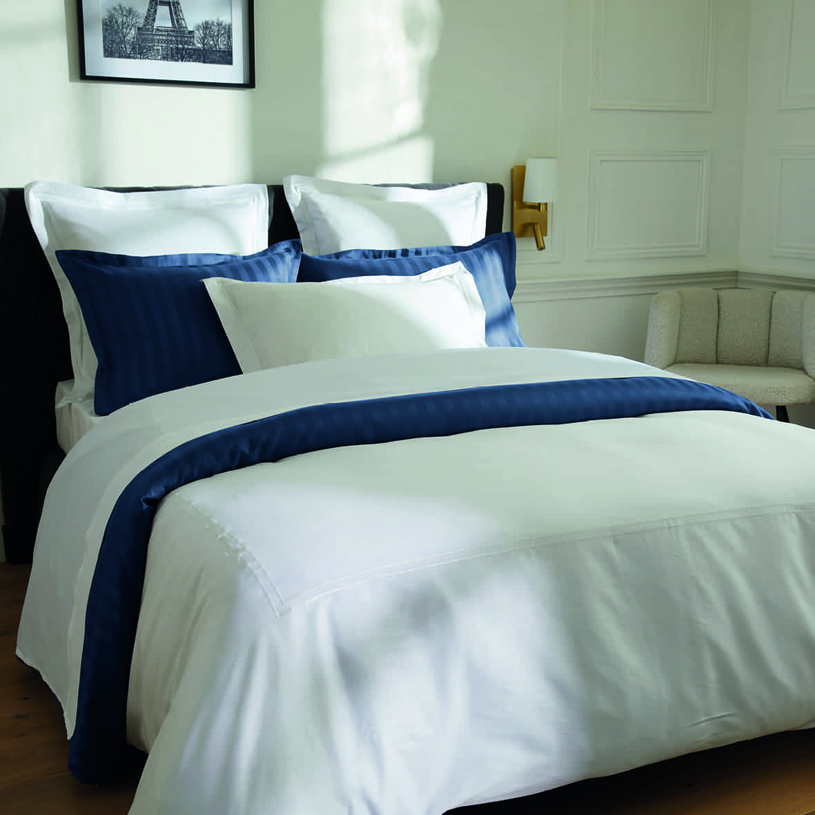 Housse de couette + 2 taies d'oreiller satin de coton - Biarritz Blanc / Blanc - 240 x 220 cm + 2 x (63 x 63 cm) – Image 2