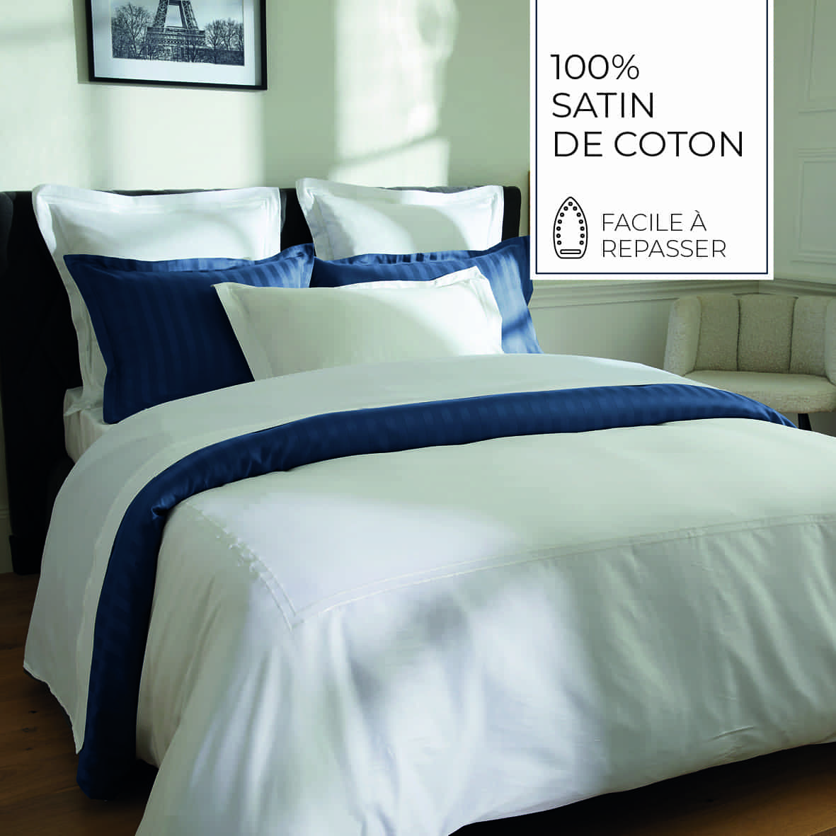 Set de 2 taies d'oreiller satin de coton - Biarritz Blanc / Blanc - 2 x (63 x 63 cm) – Image 5