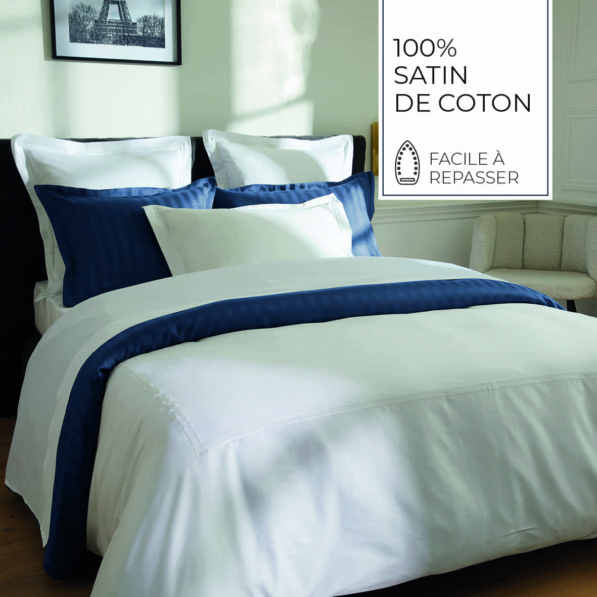 Taie de traversin satin de coton - Biarritz Blanc / Blanc - 43 x 210 cm – Image 4