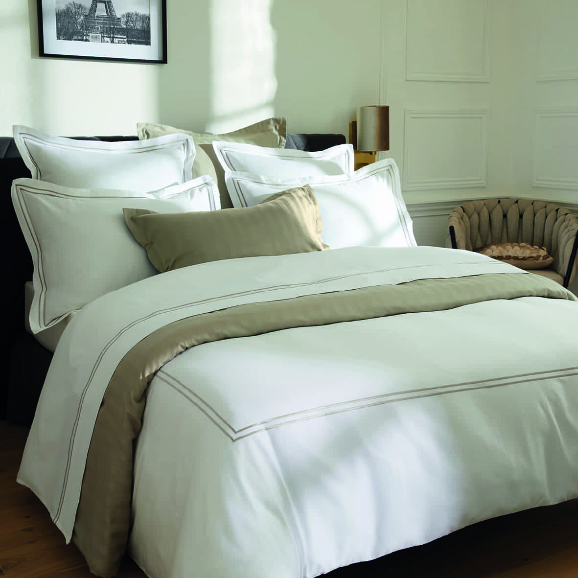 Set de 2 taies d'oreiller satin de coton - Biarritz Taupe / Blanc - 2 x (63 x 63 cm) – Image 2