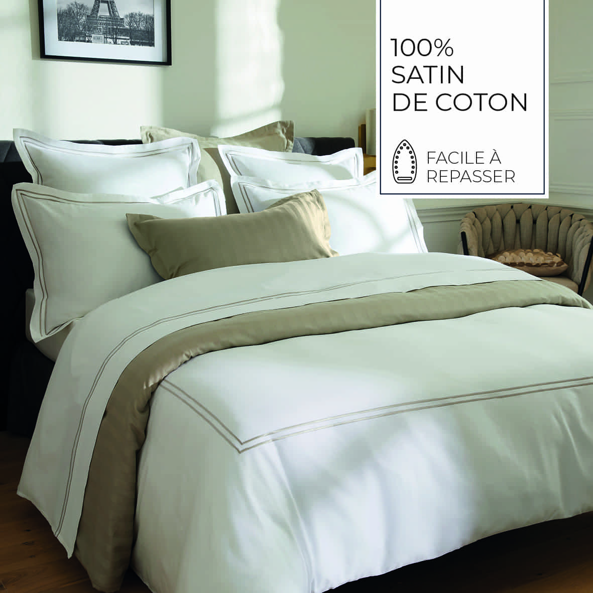 Taie de traversin satin de coton - Biarritz Taupe / Blanc - 43 x 210 cm – Image 4