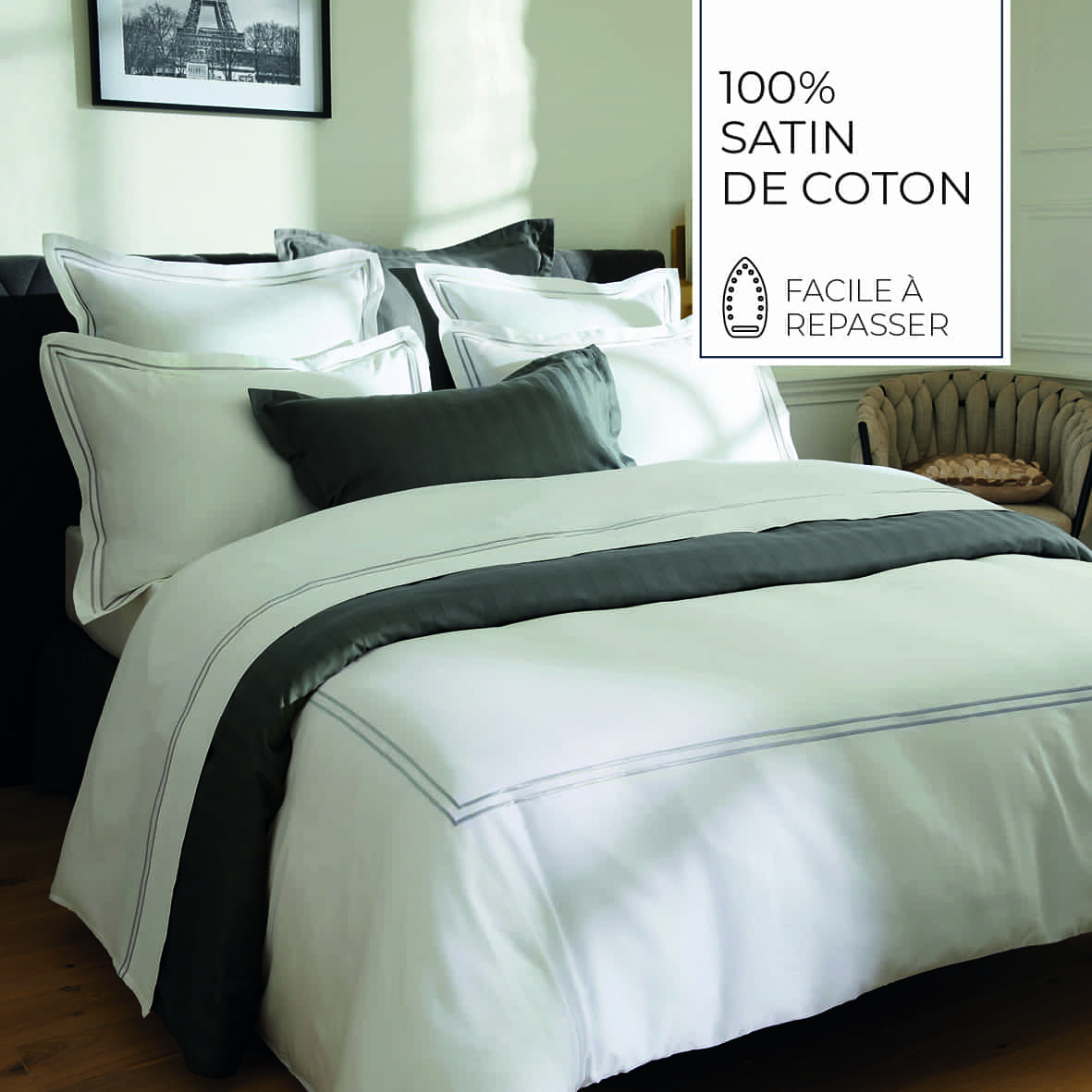 Set de 2 taies d'oreiller satin de coton - Biarritz Grey / Blanc - 2 x (63 x 63 cm) – Image 5