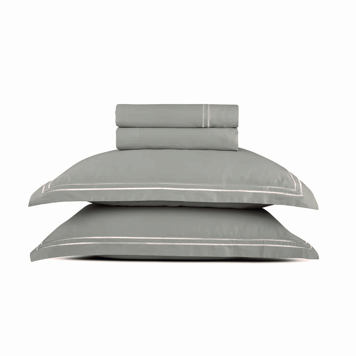 Ensemble de draps satin de coton - Biarritz Blanc / Taupe - 230 x 270 cm + 150 x 200 x 30 cm + 2 x (50 x 80 cm)