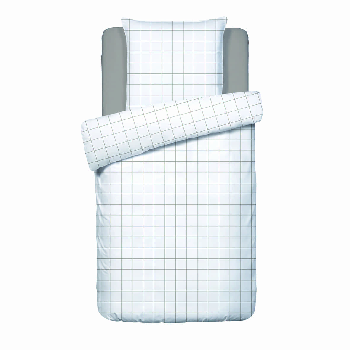 Housse de couette + taie d'oreiller satin de coton - Simples carreaux Blanc / Taupe - 140 x 200 cm + 63 x 63 cm