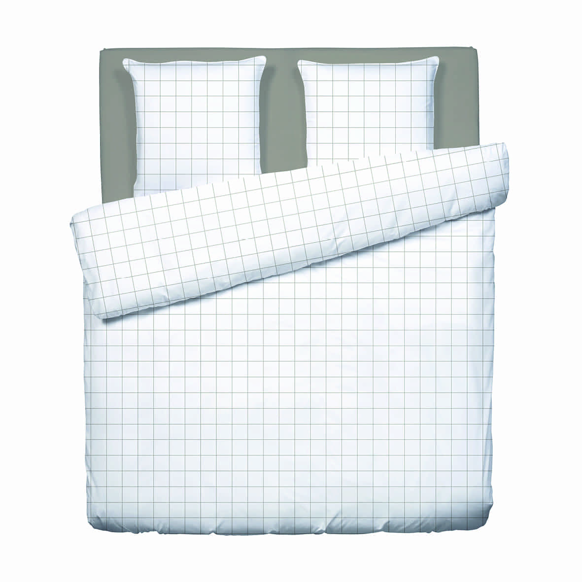 Housse de couette + 2 taies d'oreiller satin de coton - Simples carreaux Blanc / Taupe - 260 x 240 cm + 2 x (63 x 63 cm)