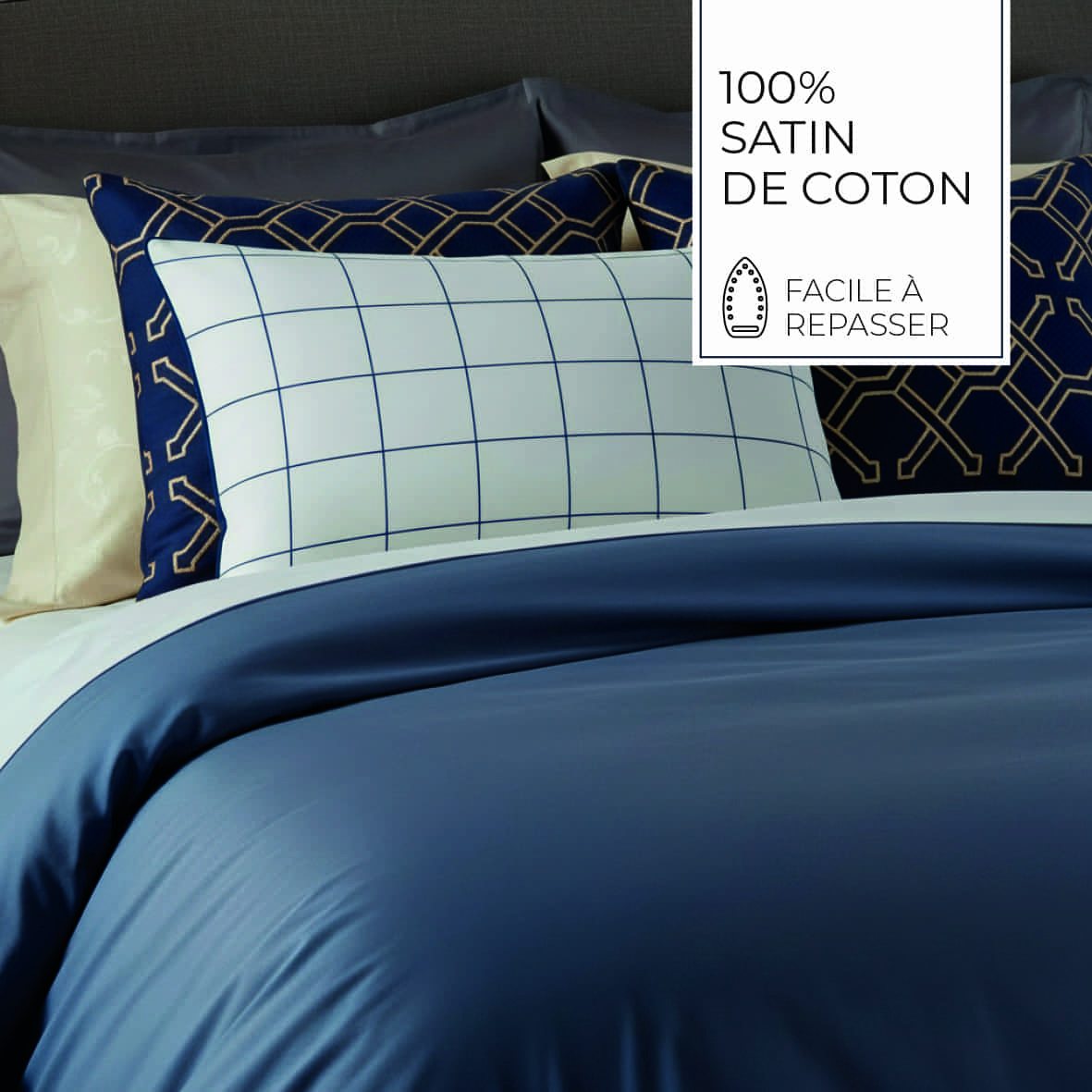 Taie de traversin satin de coton - Simples carreaux Blanc / Blue - 43 x 210 cm – Image 4