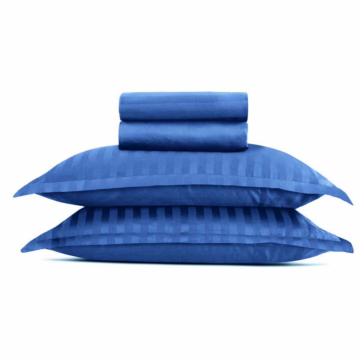 Ensemble de draps satin de coton rayure tissé dobby -  Bleu 06 - 240 x 300 cm + 180 x 200 x 30 cm + 2 x (50 x 70 cm)