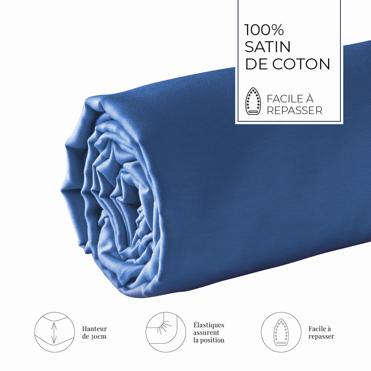Drap-housse satin de coton - Uni Bleu 06 - 90 x 200 x 30 cm – Image 3