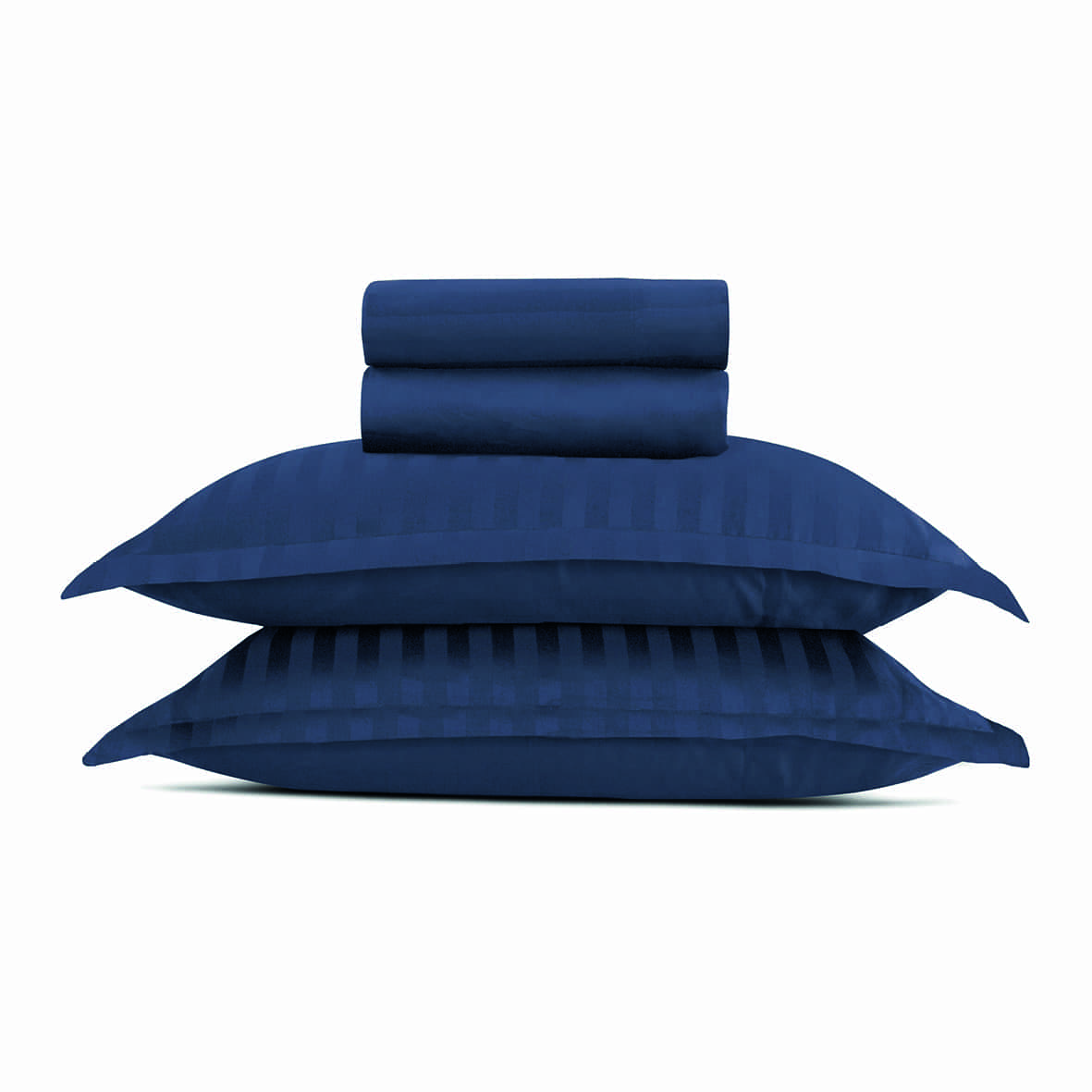 Ensemble de draps satin de coton rayure tissé dobby -  Bleu 11 foncé - 240 x 300 cm + 180 x 200 x 30 cm + 2 x (50 x 70 cm)