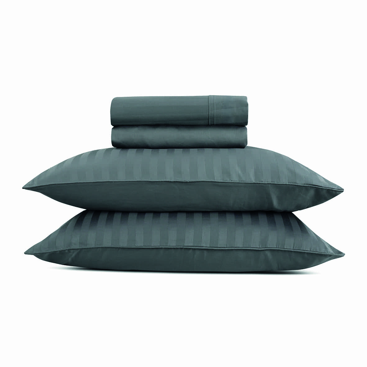 Ensemble de draps satin de coton rayure tissé dobby -  Gris 02 foncé - 240 x 300 cm + 180 x 200 x 30 cm + 2 x (50 x 70 cm)