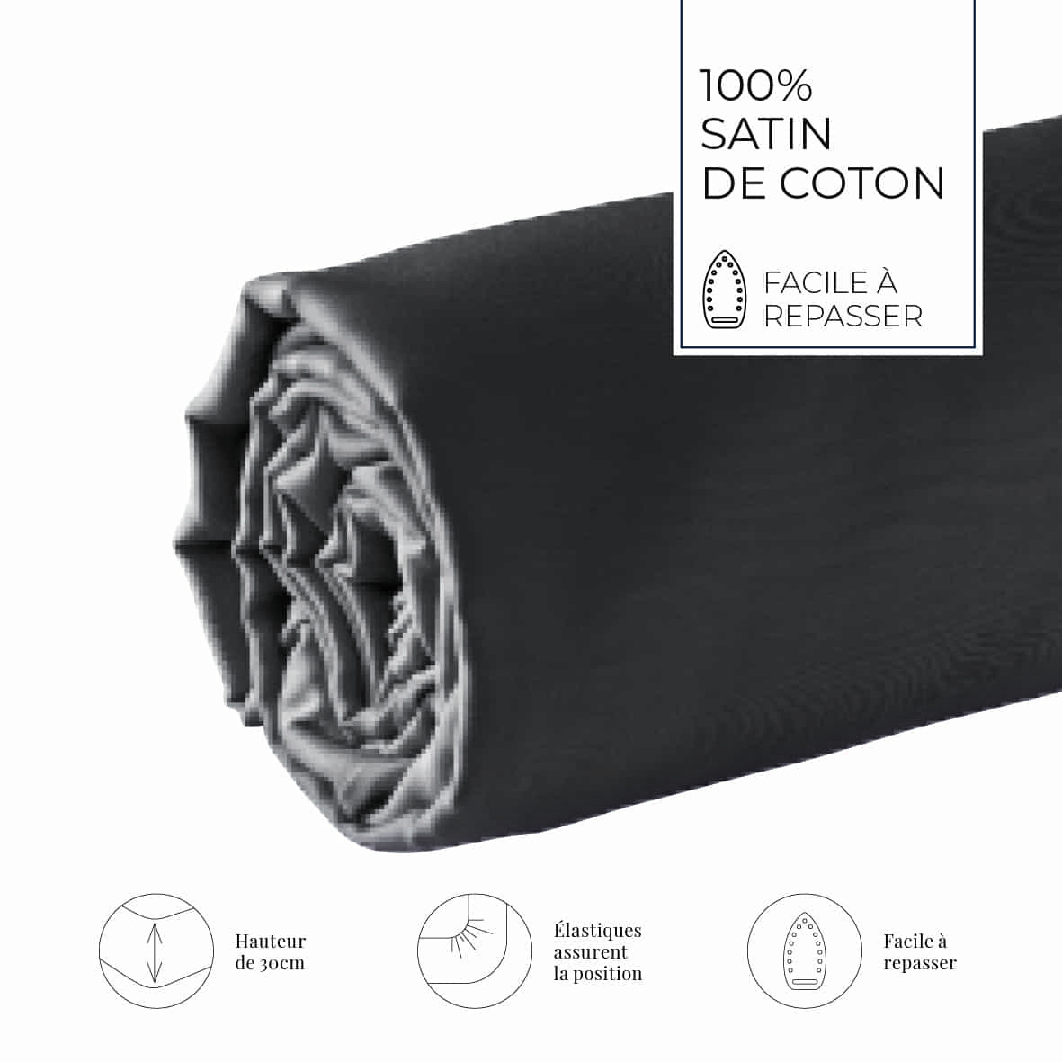 Drap-housse satin de coton - Uni Gris 02 - 90 x 200 x 30 cm – Image 3