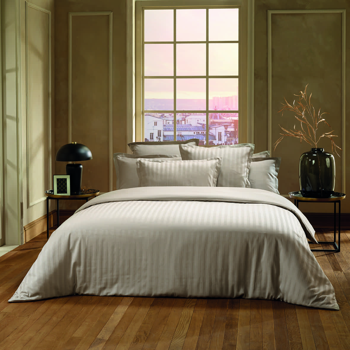 Housse de couette + taie d'oreiller satin de coton rayure tissé dobby - Taupe 01 - 135 x 200 cm + 80 x 80 cm – Image 3