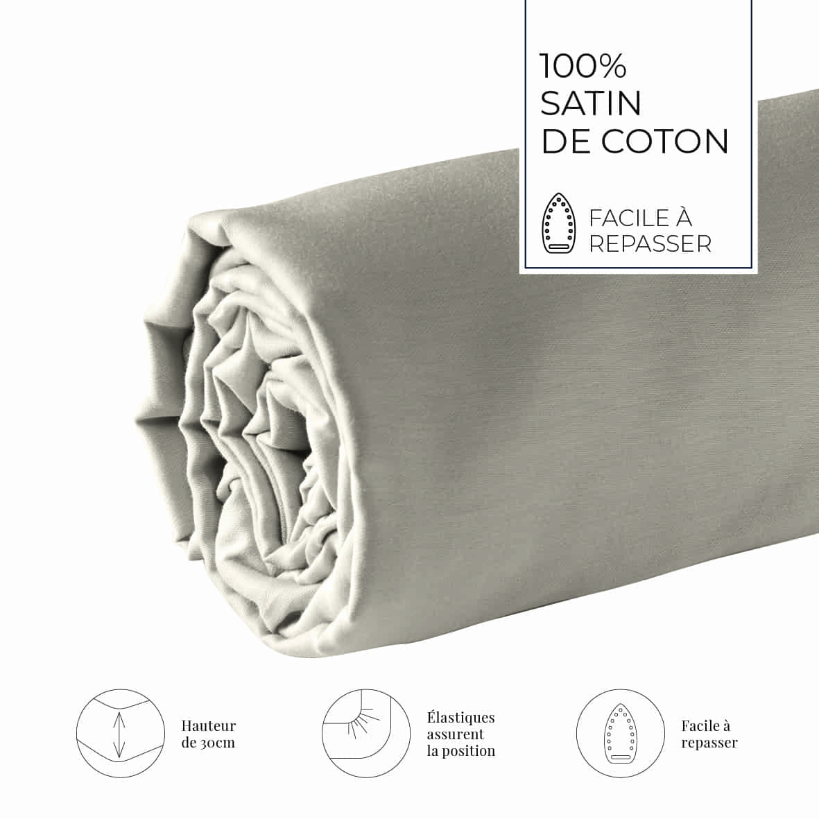 Drap-housse satin de coton - Taupe 01 - 180 x 200 x 30 cm – Image 3