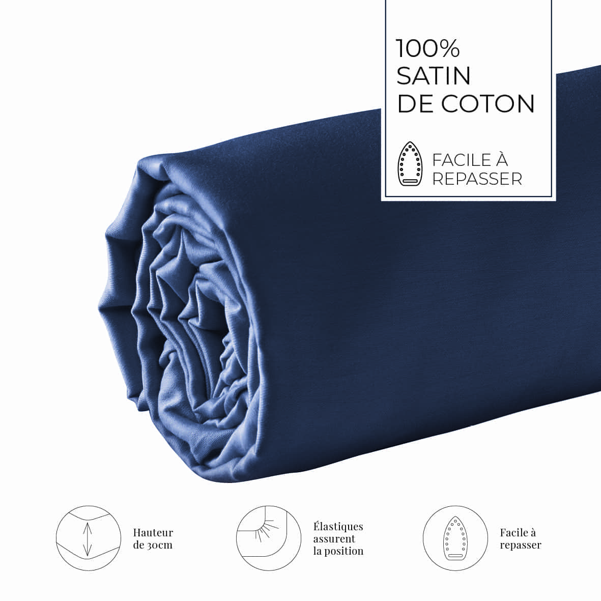 Drap-housse satin de coton - Uni Bleu 11 - 140 x 200 x 30 cm – Image 3