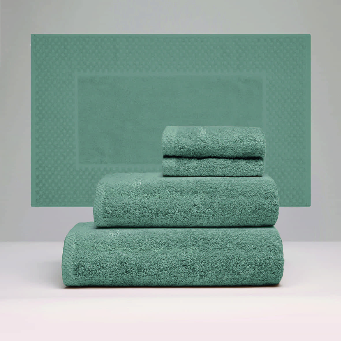 Ensemble complet de linge de bain coton peigné LT - Oasis Vert bouteille - 50 x 100 cm + 70 x 140 cm + 2 x (30 x 30 cm) + 50 x 70 cm