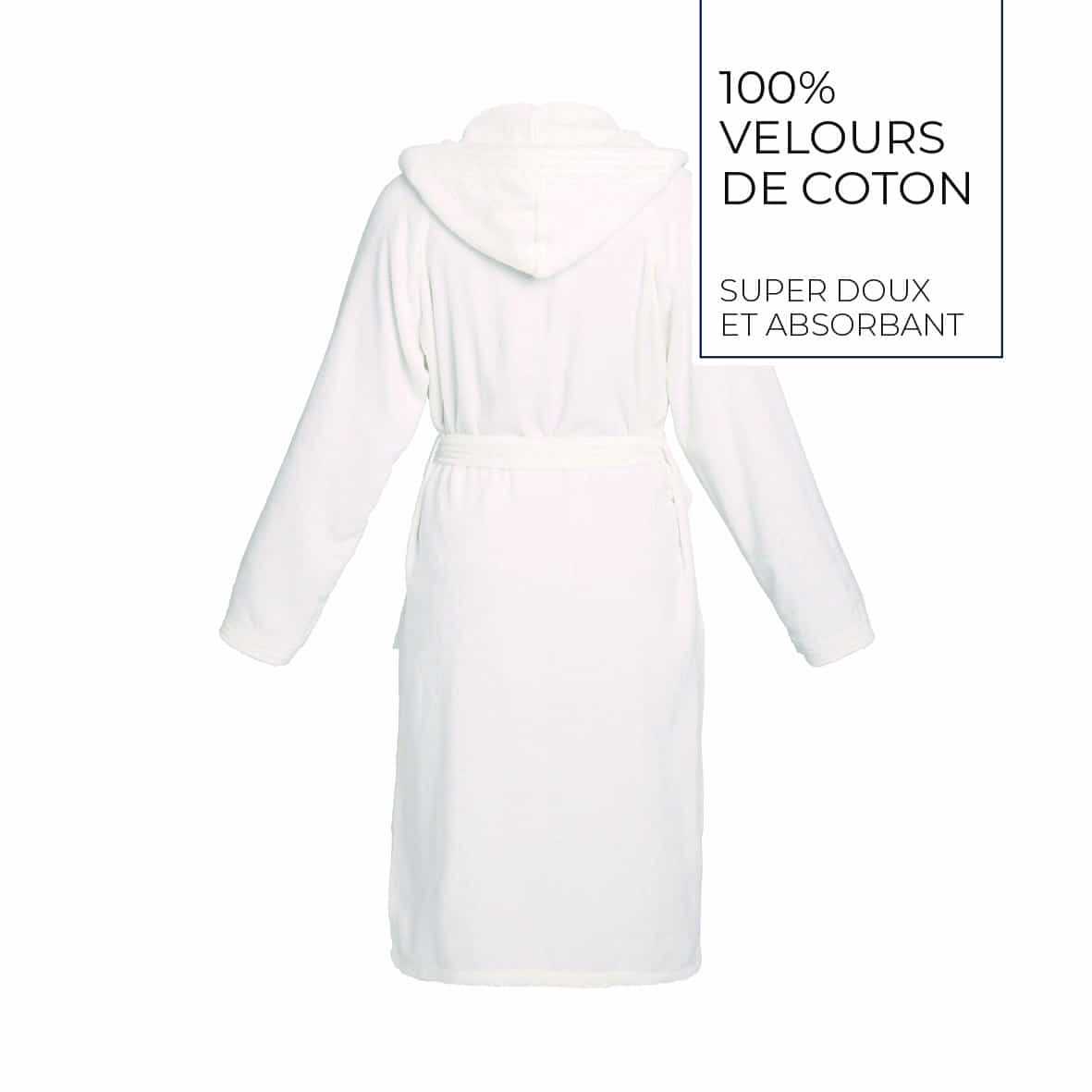 Peignoir coton velours avec capuche - Uni Blanc - M / L – Image 4
