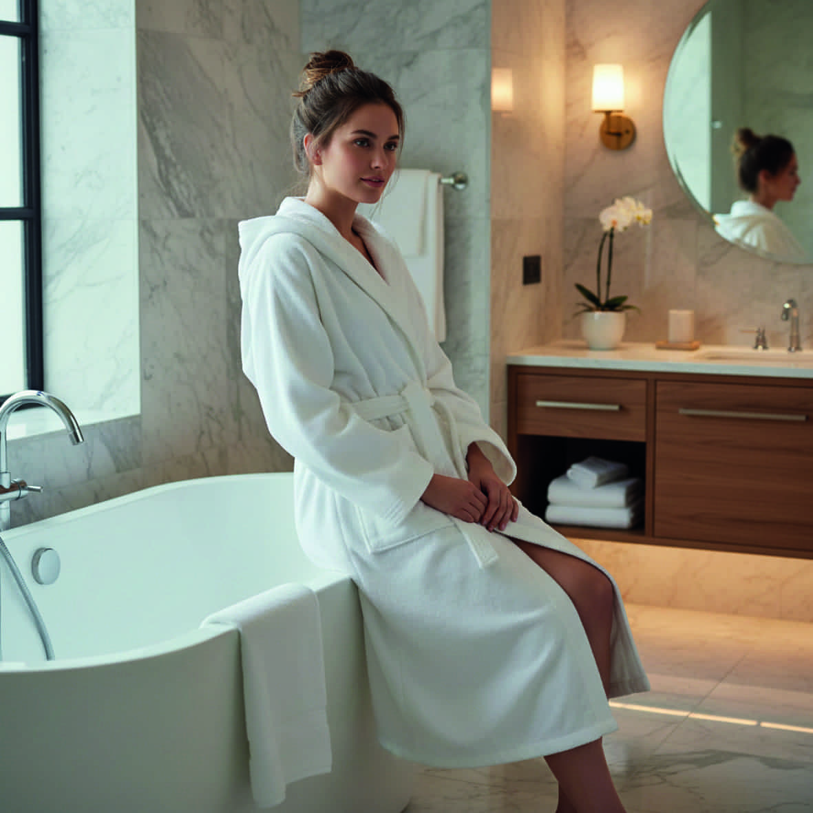 Peignoir coton velours avec capuche - Uni Blanc - M / L – Image 3