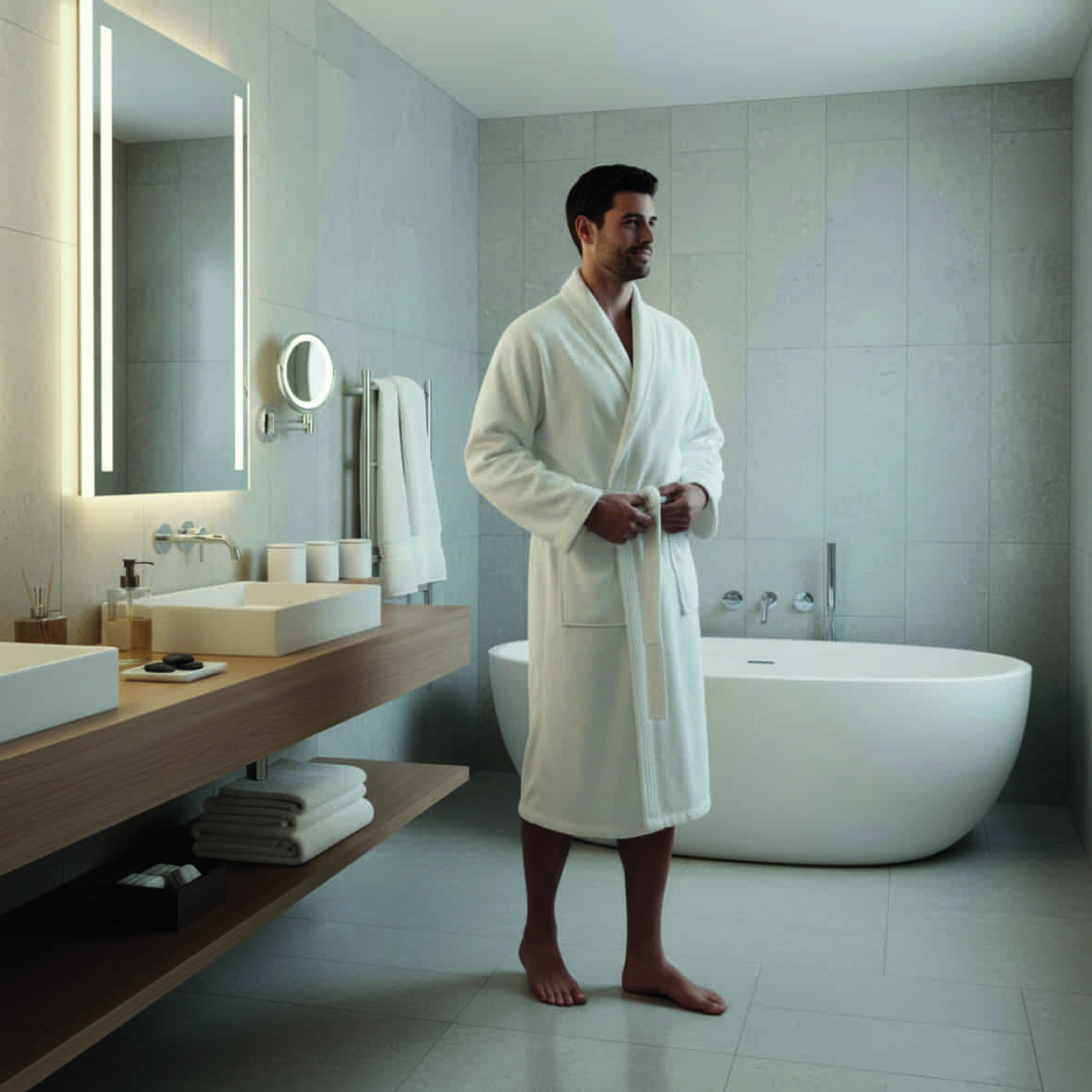 Peignoir avec col châle en coton velours - Uni Blanc - S / M – Image 3