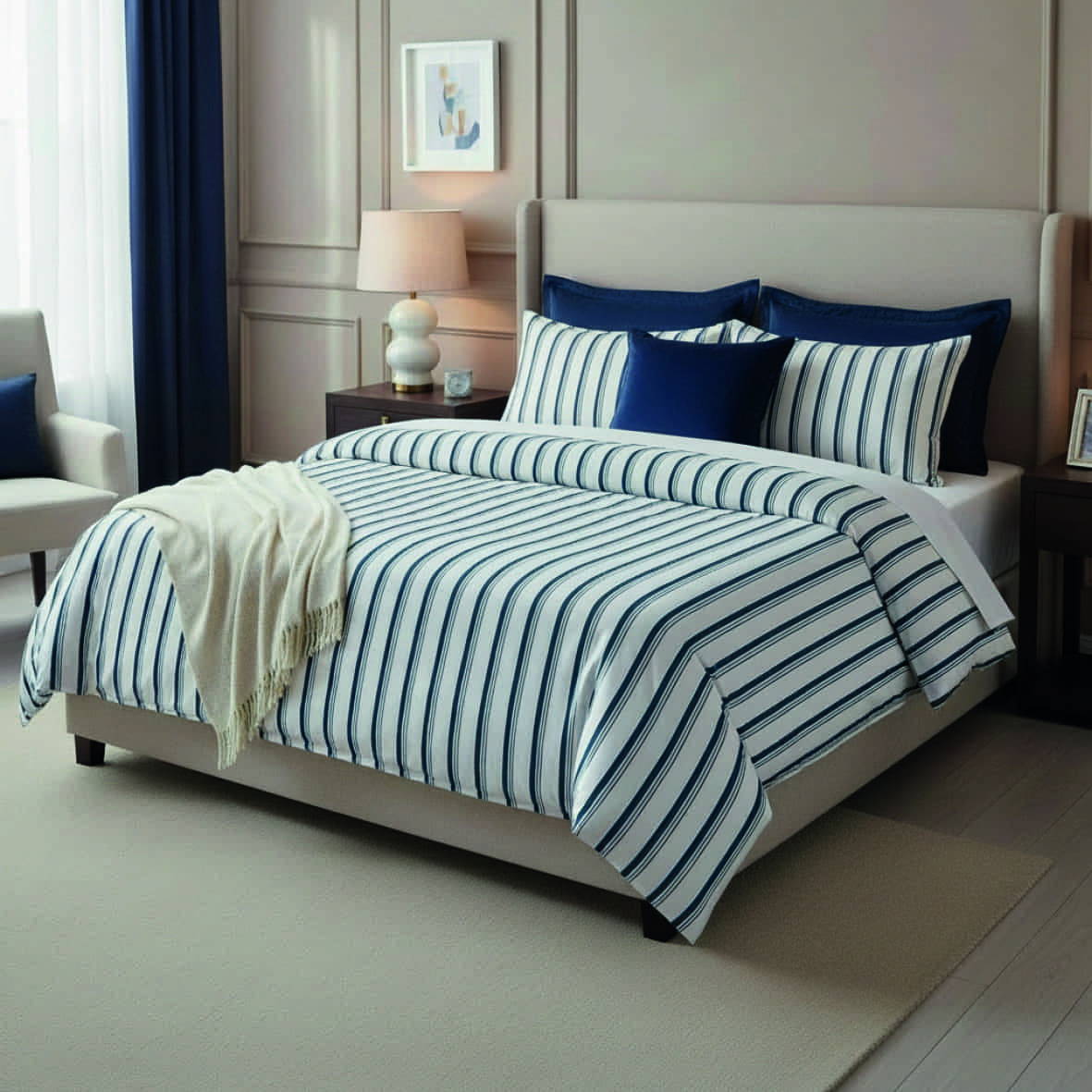 Housse de couette + taie d'oreiller satin de coton - Mateo Blanc / Bleu - 135 x 200 cm + 80 x 80 cm – Image 2