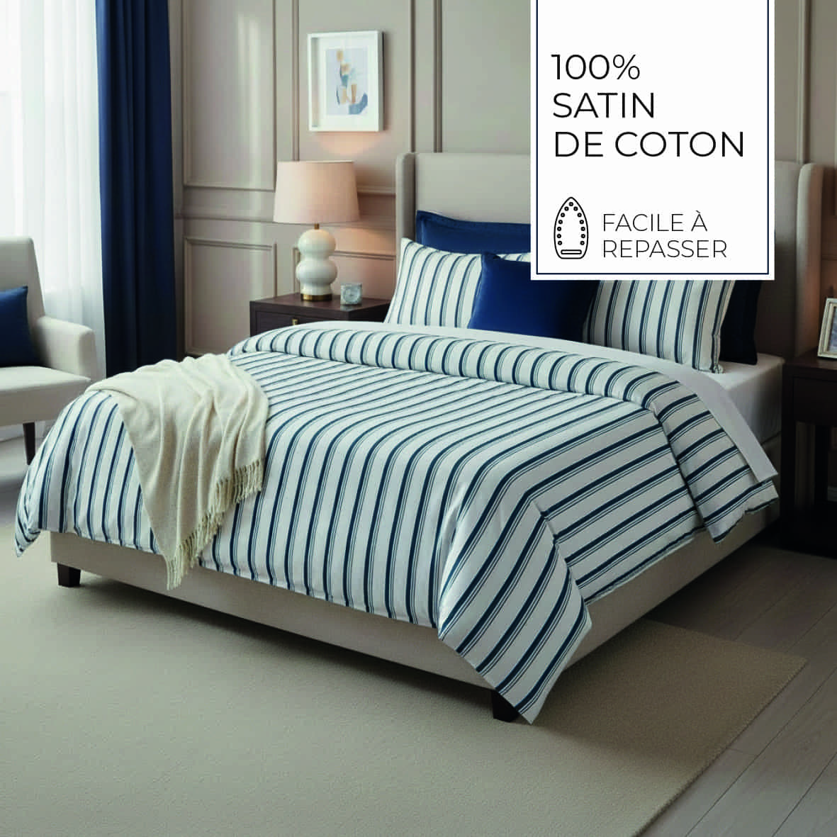 Housse de couette + taie d'oreiller satin de coton - Mateo Blanc / Bleu - 135 x 200 cm + 80 x 80 cm – Image 4