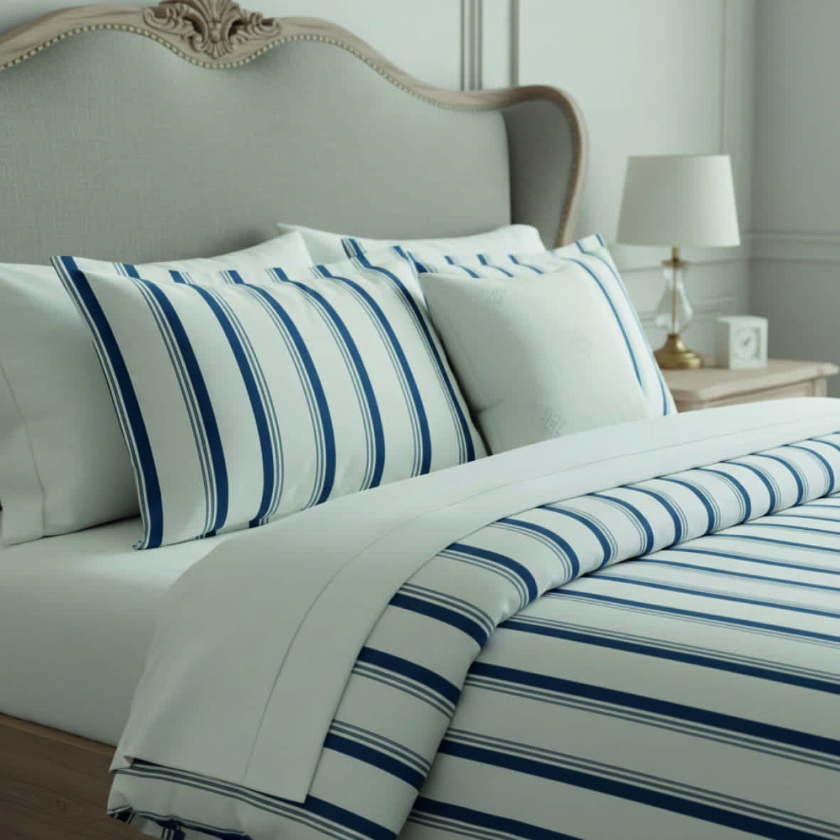 Housse de couette + taie d'oreiller satin de coton - Mateo Blanc / Bleu - 135 x 200 cm + 80 x 80 cm – Image 3