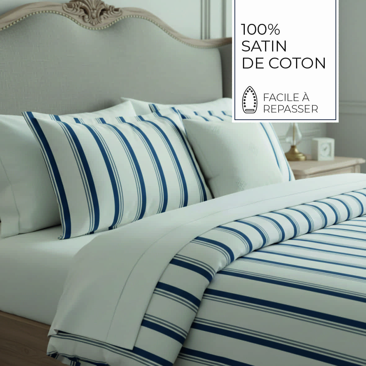 Taie d'oreiller satin de coton - Mateo Blanc / Bleu - 2 x (50 x 70 cm) – Image 4