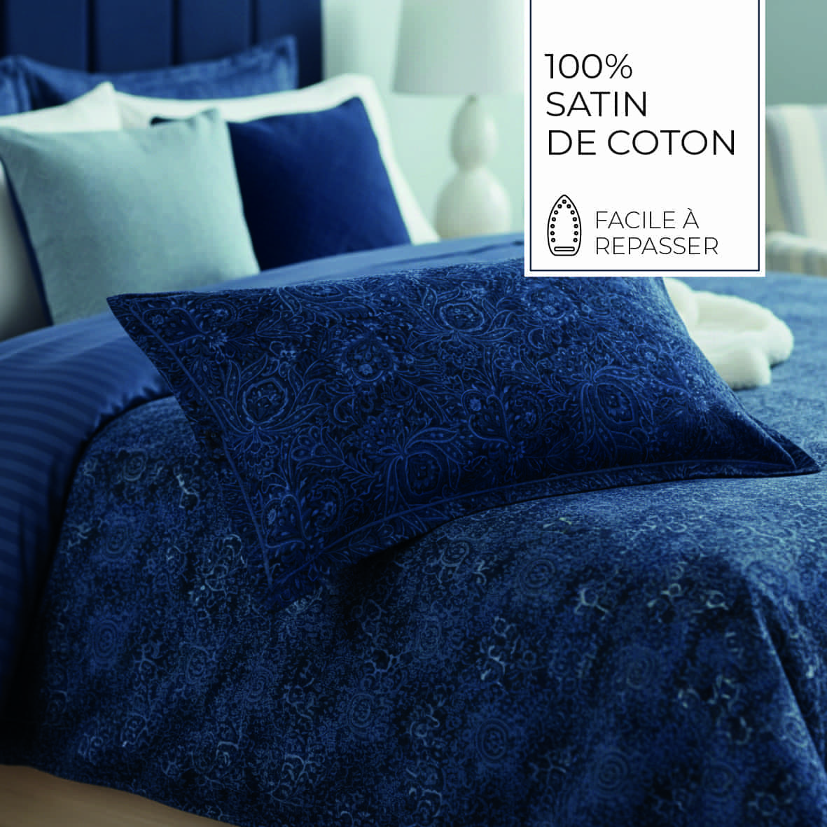 Taie de traversin satin de coton - Eclipse fleuri Bleu - 43 x 210 cm – Image 4