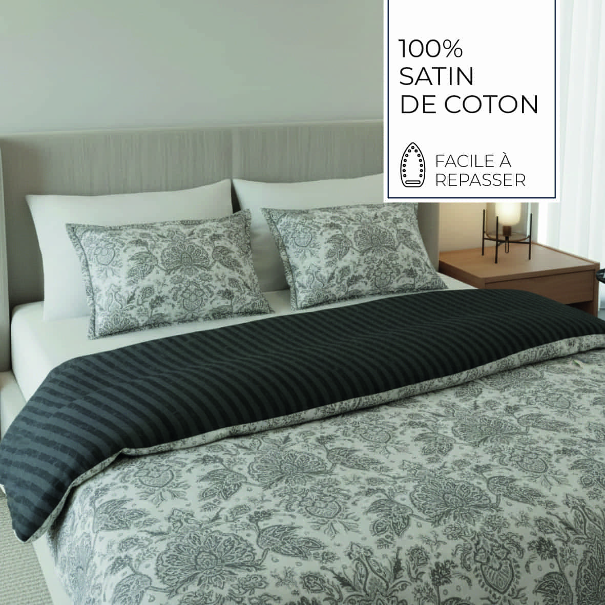 Taie d'oreiller satin de coton - Dobby stripe woven / Élégance persane Noir -2 x (50 x 70 cm) – Image 5